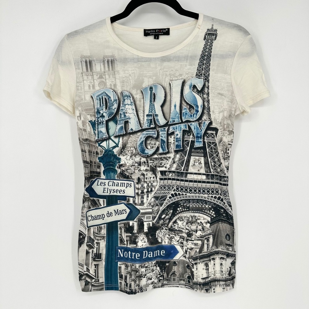 Hello Paris Designed In France Eiffel Tower City Rhinestone Graphic Shirt 2 XS